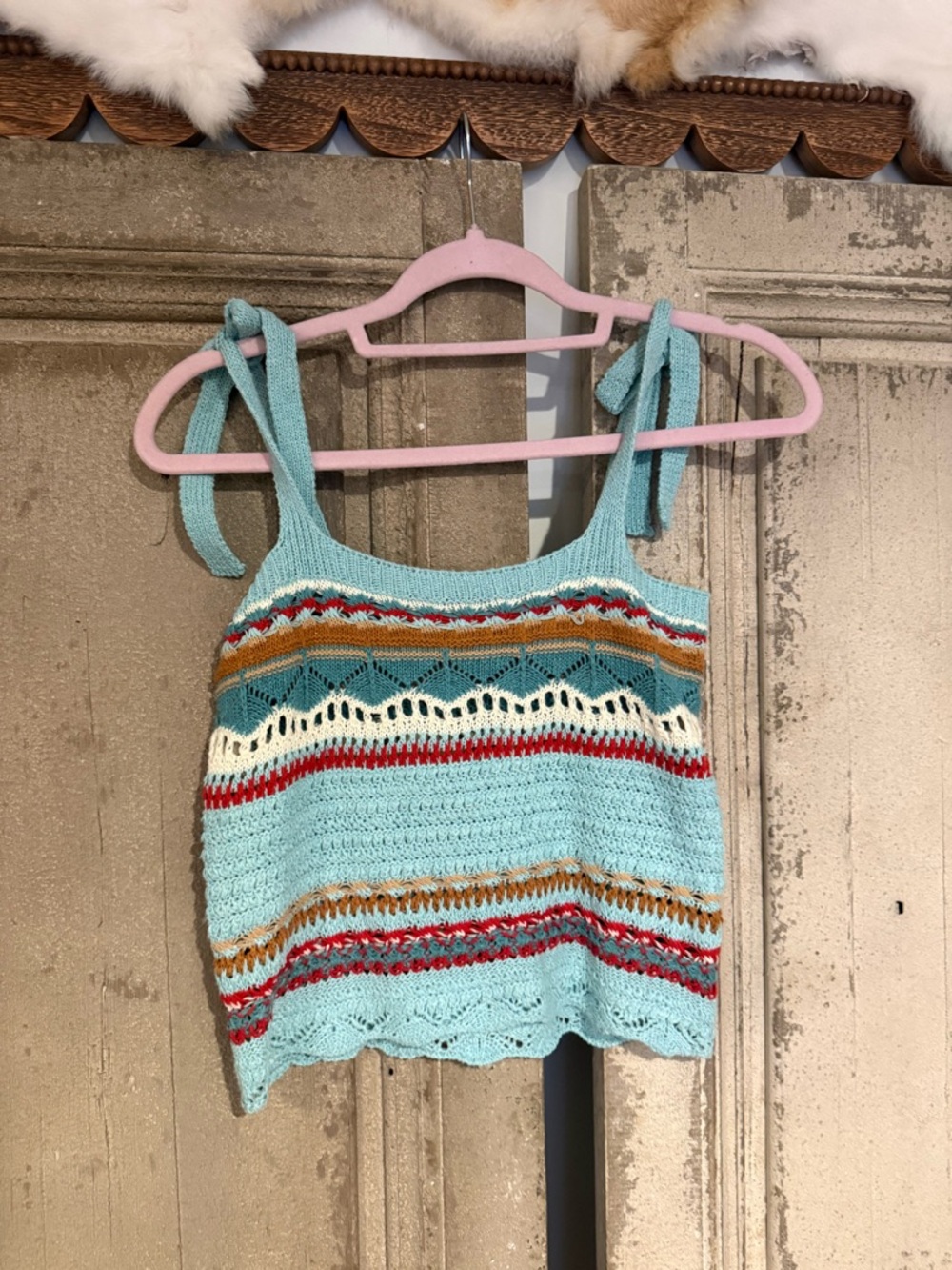 POL Crochet Tie-Shoulder Crop Top in Light Blue with Cream, Red and Tan Stripes